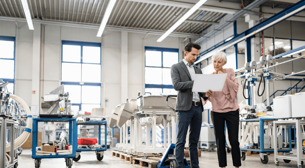 Businessman and senior woman looking at plan in a factory